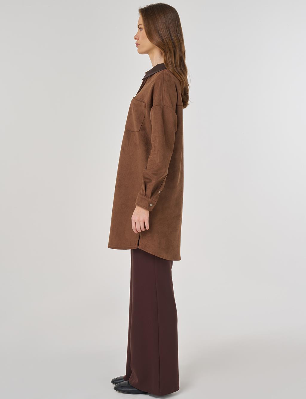 Shirt-Collar Suede Tunic in Mocha