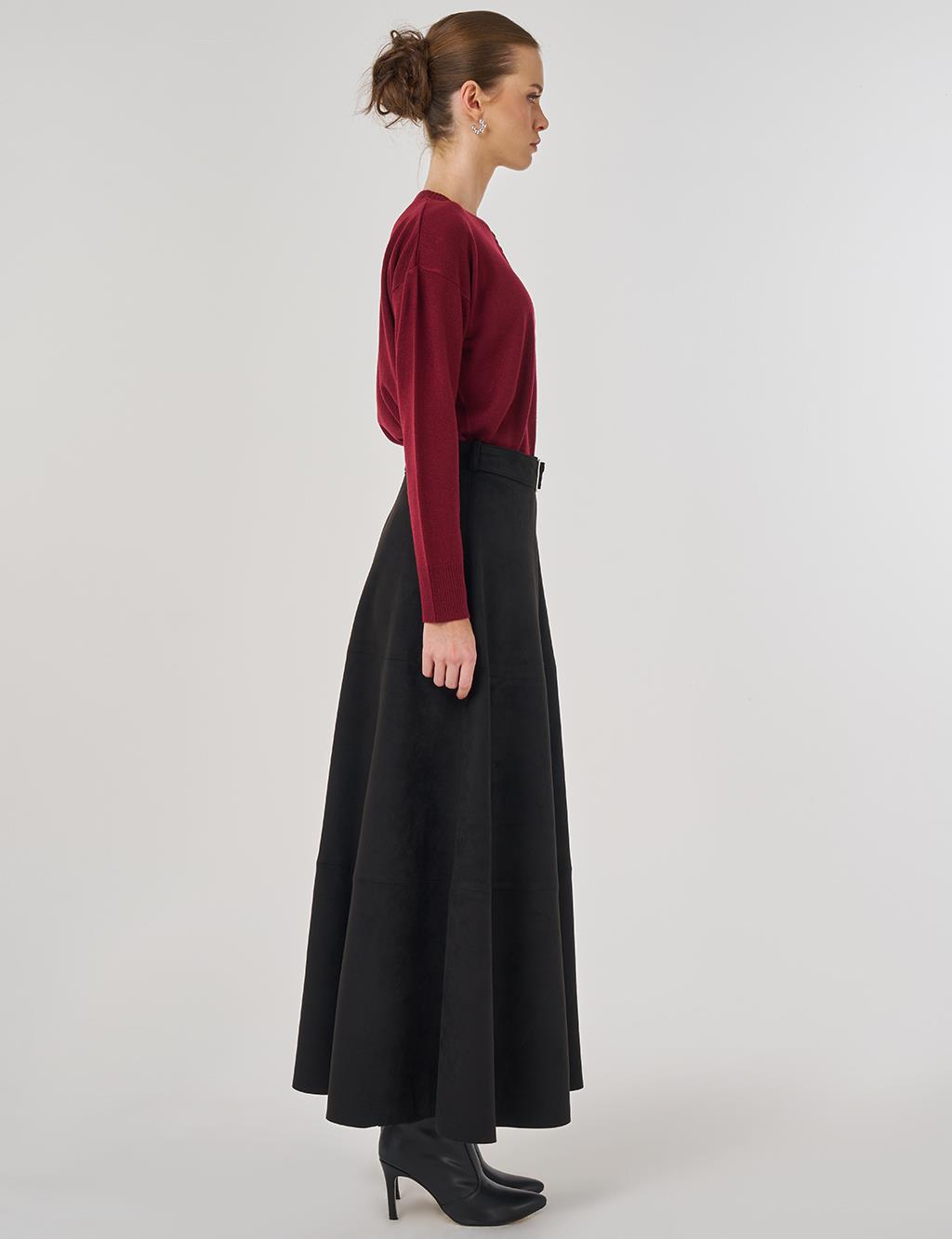 Buckle-Detailed Suede Skirt in Black