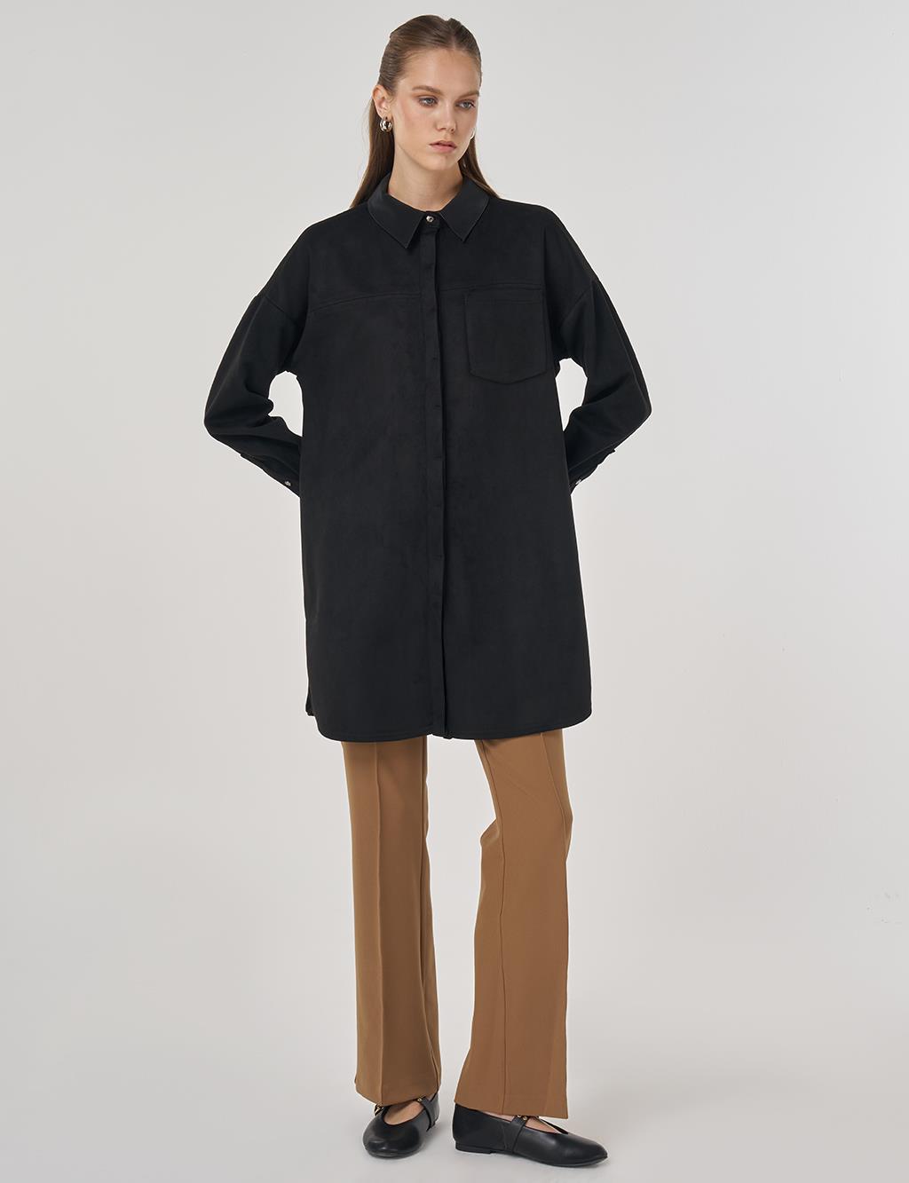 Shirt-Collar Suede Tunic in Black