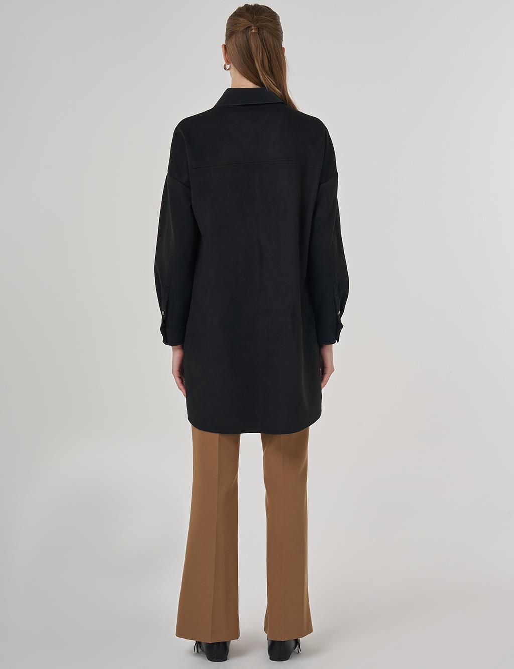 Shirt-Collar Suede Tunic in Black