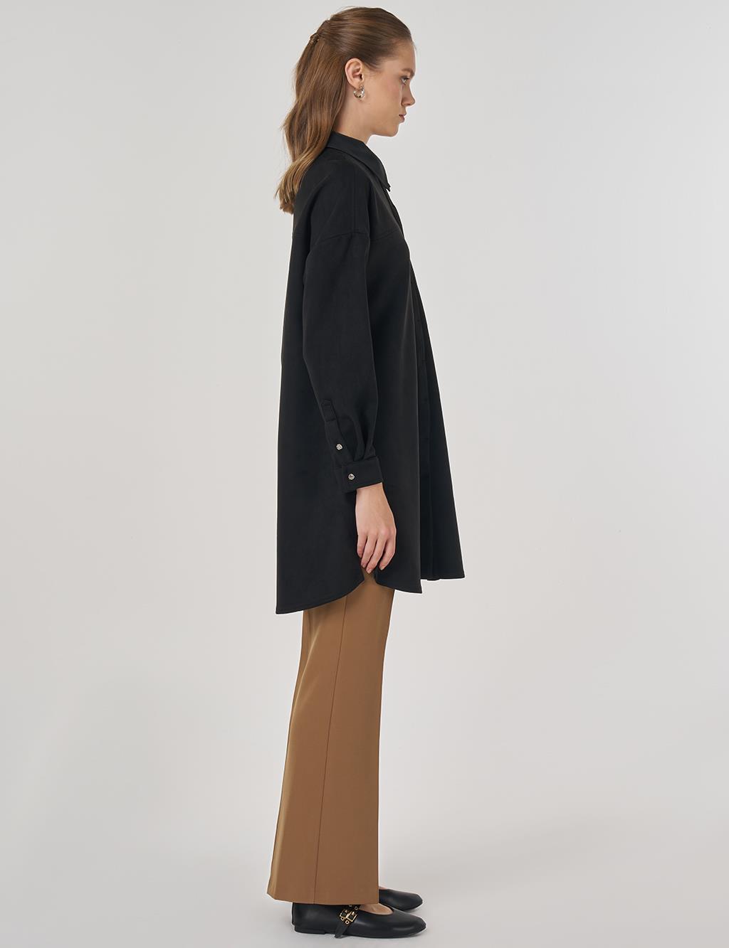 Shirt-Collar Suede Tunic in Black