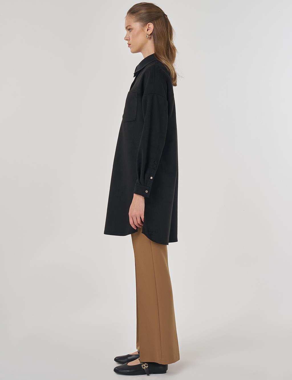 Shirt-Collar Suede Tunic in Black