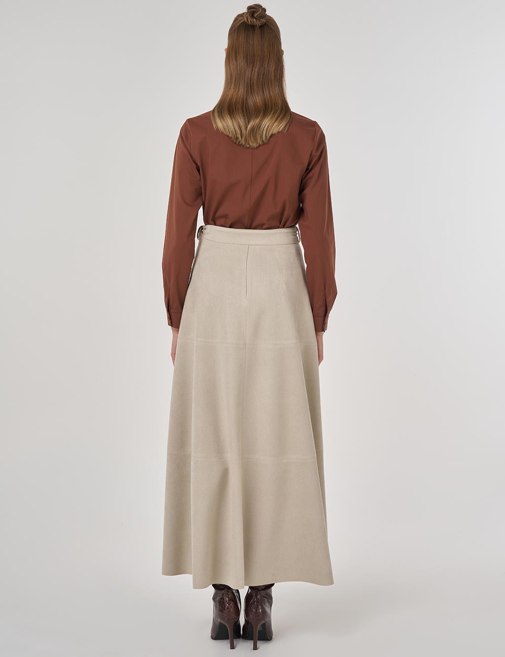 Buckle-Detailed Suede Skirt in Stone