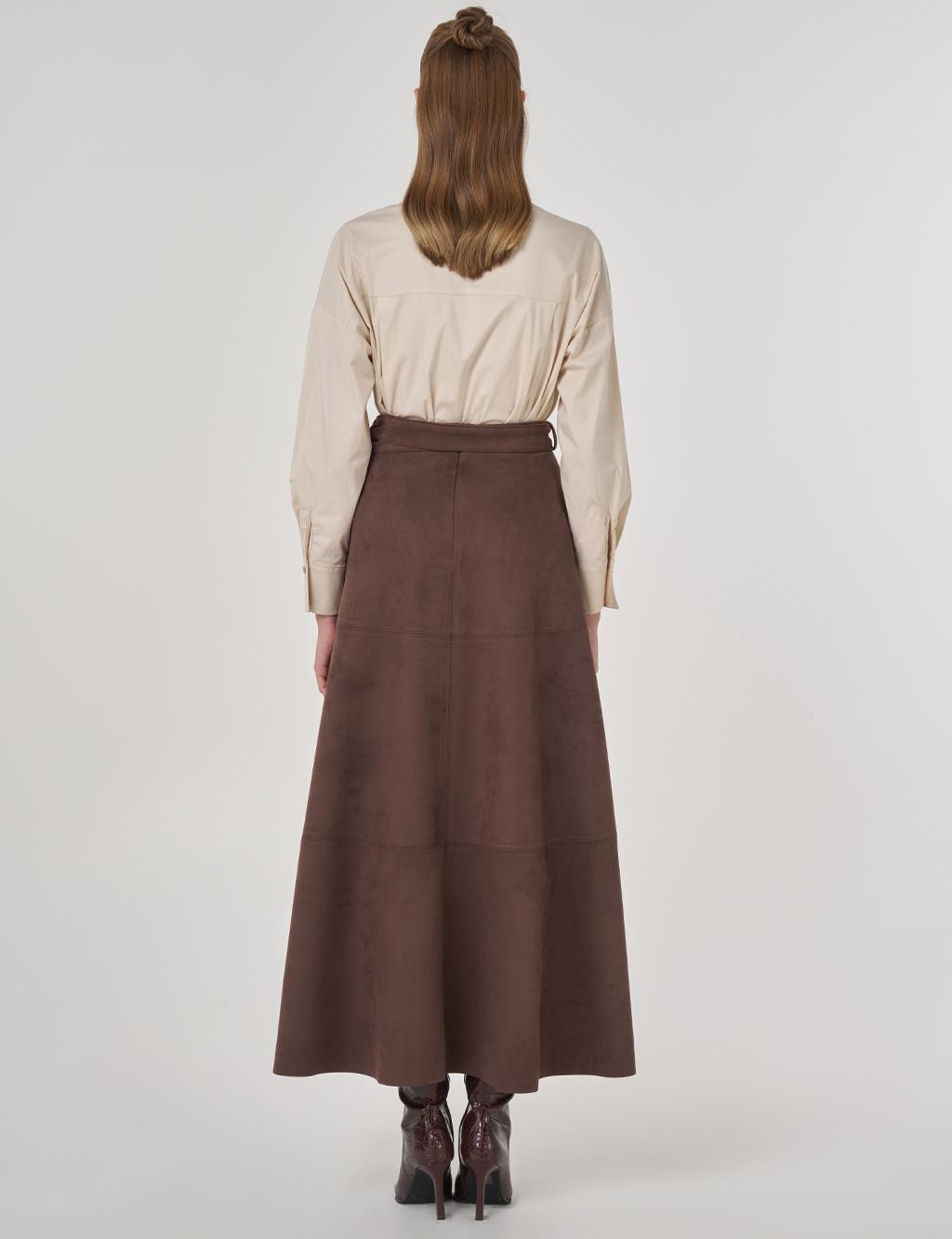 Toka Detaylı Süet Etek Koyu Kahve 