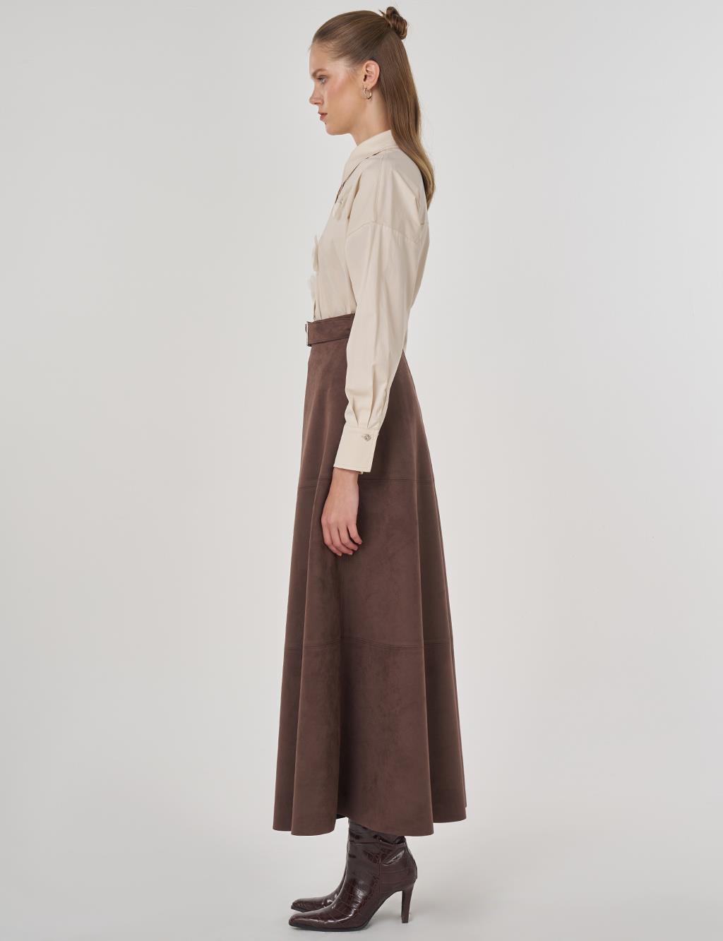 Toka Detaylı Süet Etek Koyu Kahve 