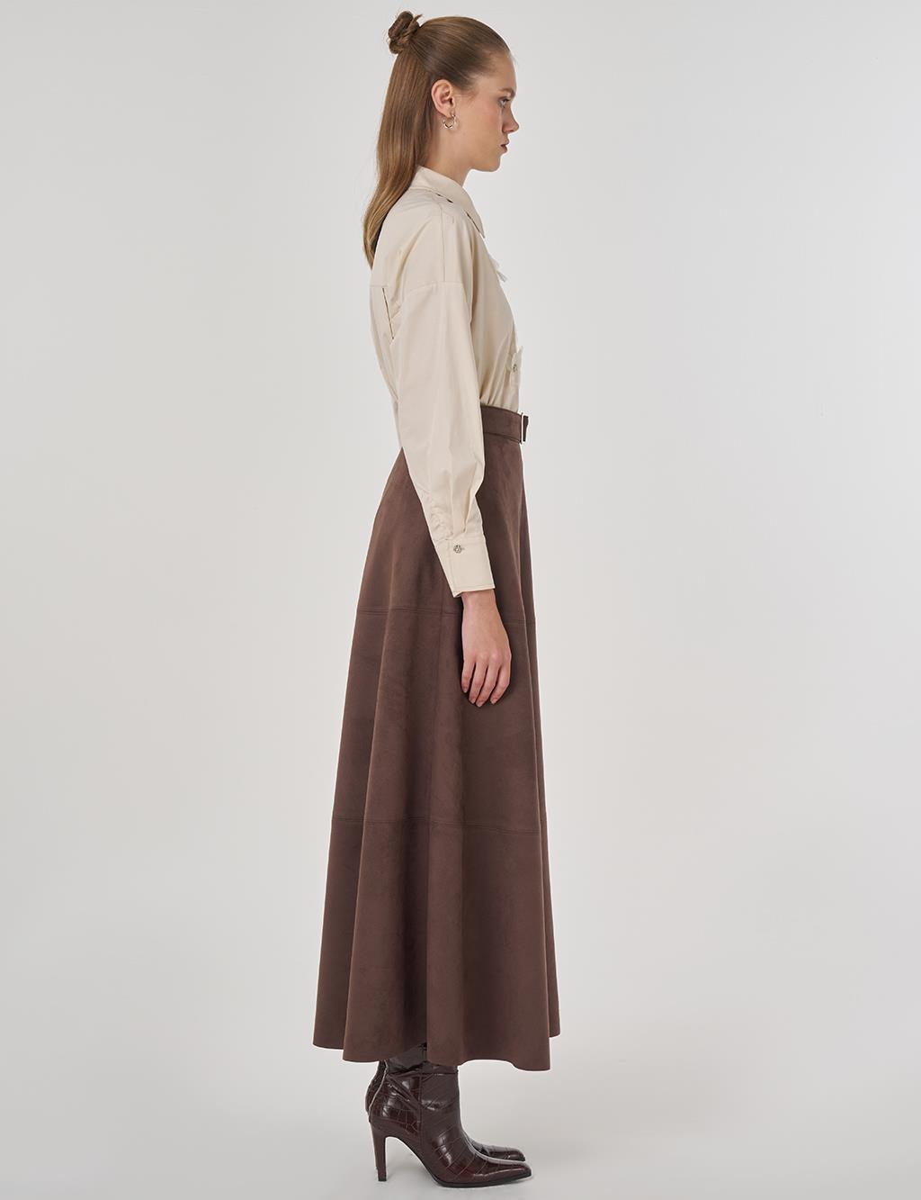 Toka Detaylı Süet Etek Koyu Kahve 