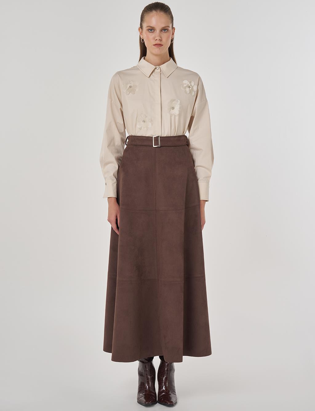 Toka Detaylı Süet Etek Koyu Kahve 