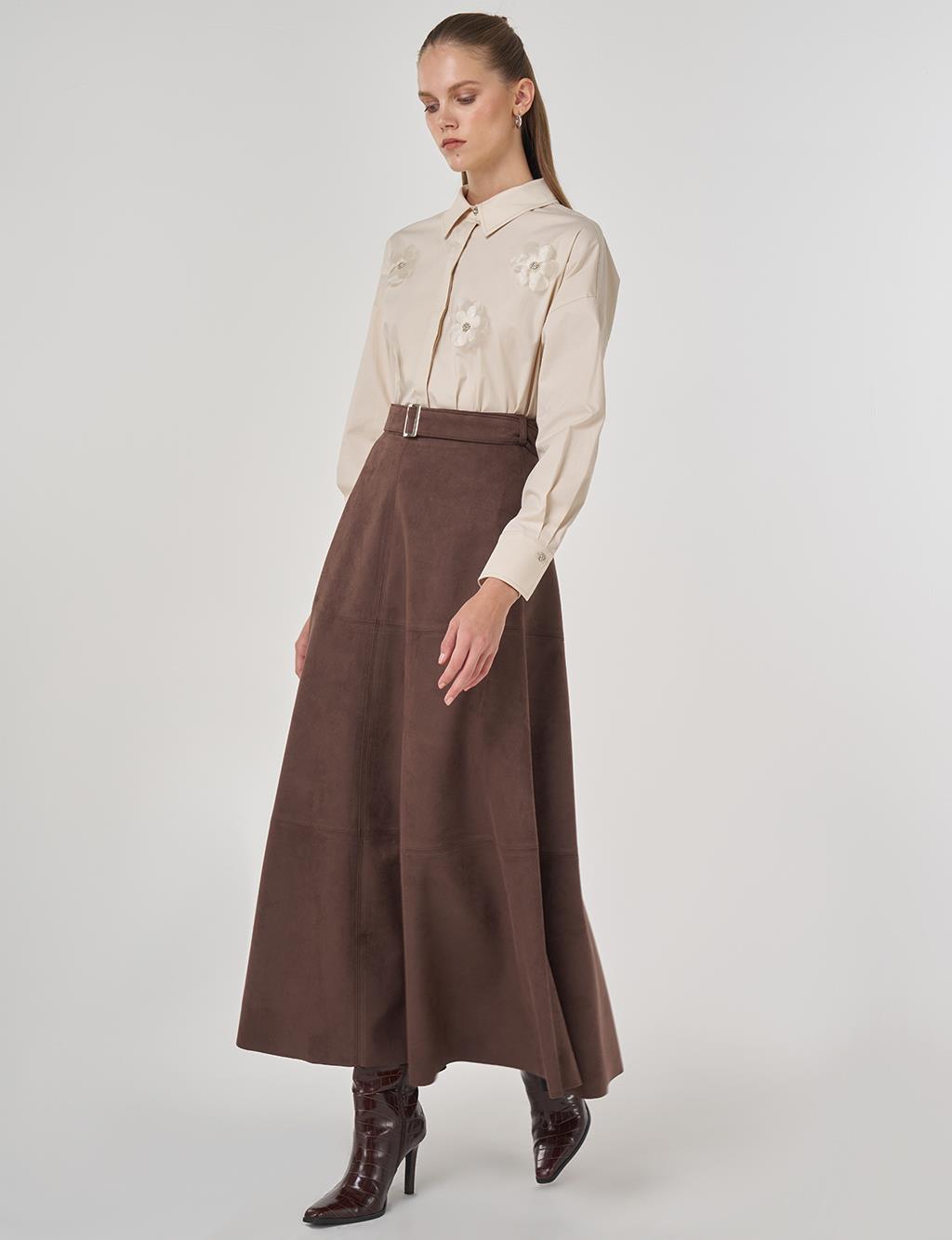 Toka Detaylı Süet Etek Koyu Kahve 