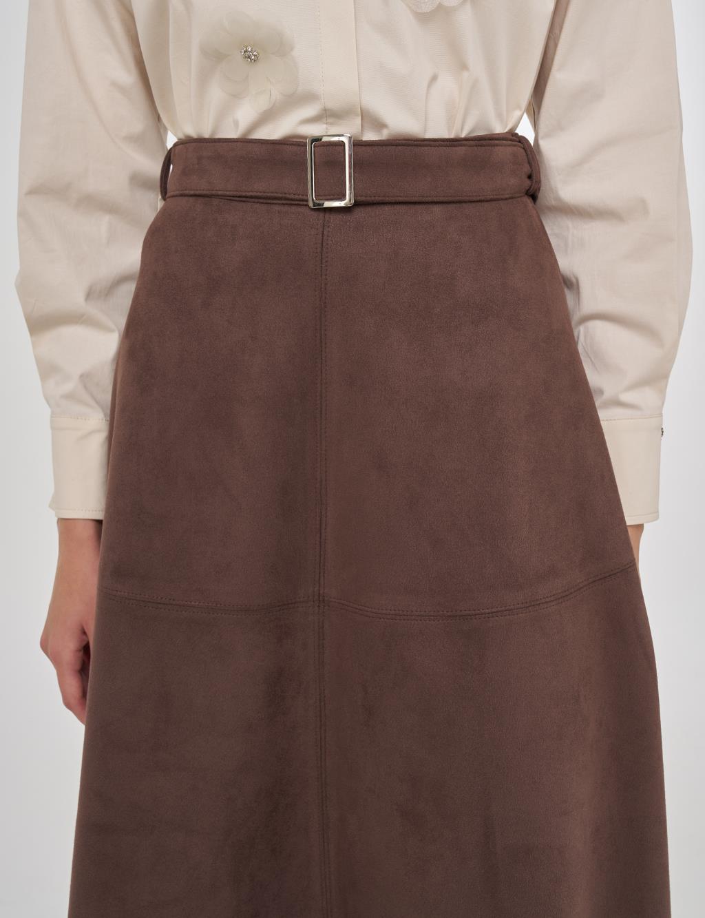 Toka Detaylı Süet Etek Koyu Kahve 