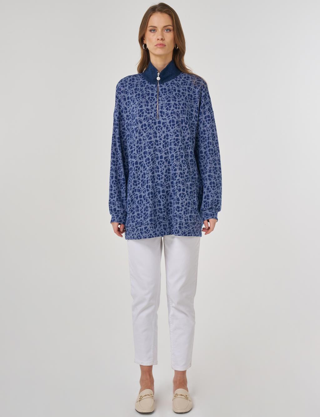 Desenli Viskon Sweatshirt İndigo 