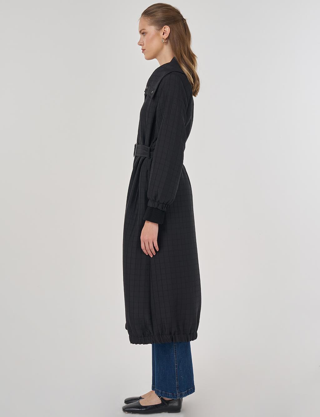 Dik Yaka Kapitoneli Trençkot Siyah