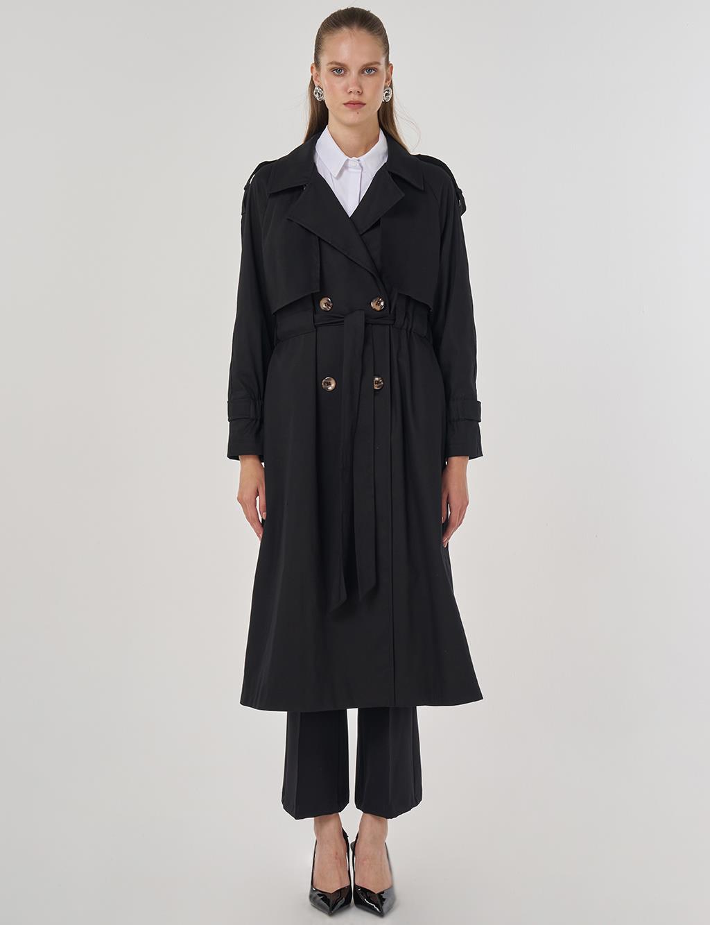 Epaulet-Detail Long Trench Coat Black