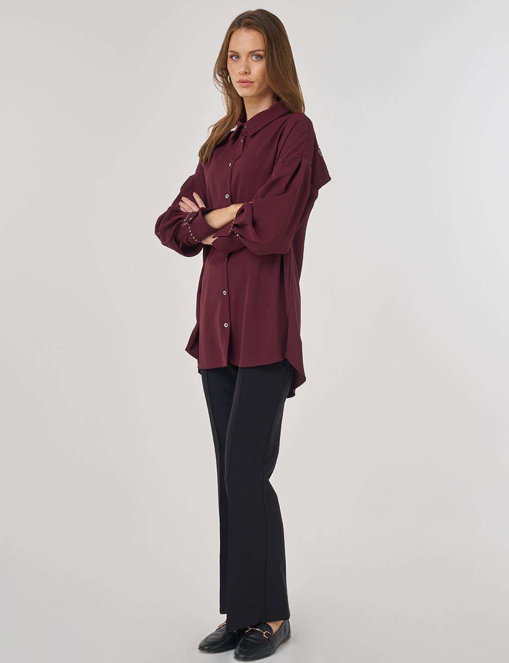 Embroidered Back Shirt Collar Tunic in Burgundy