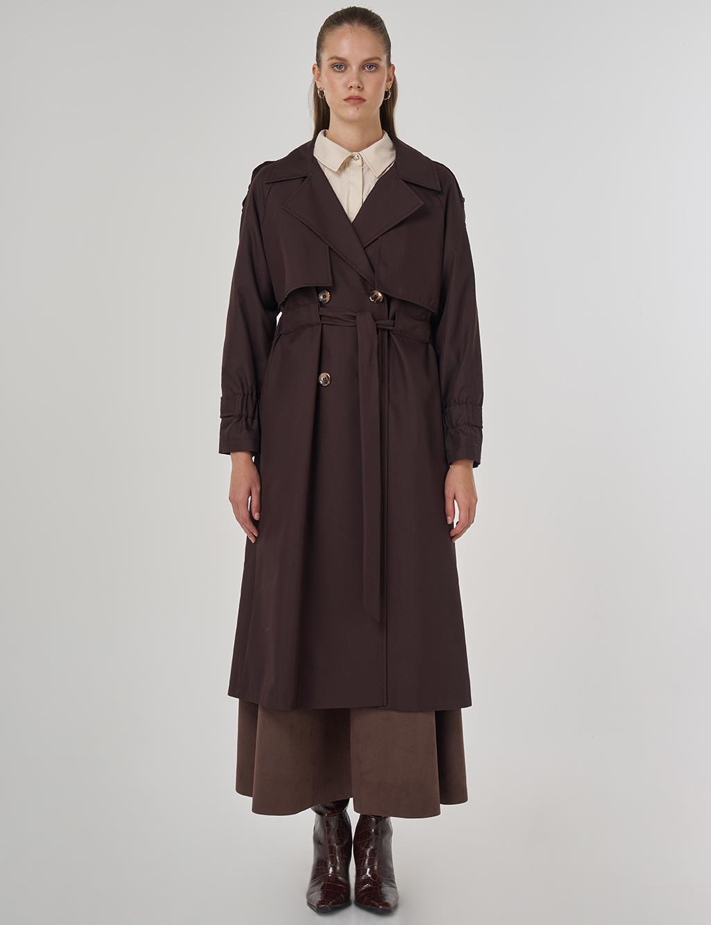 Epaulet-Detail Long Trench Coat Dark Brown