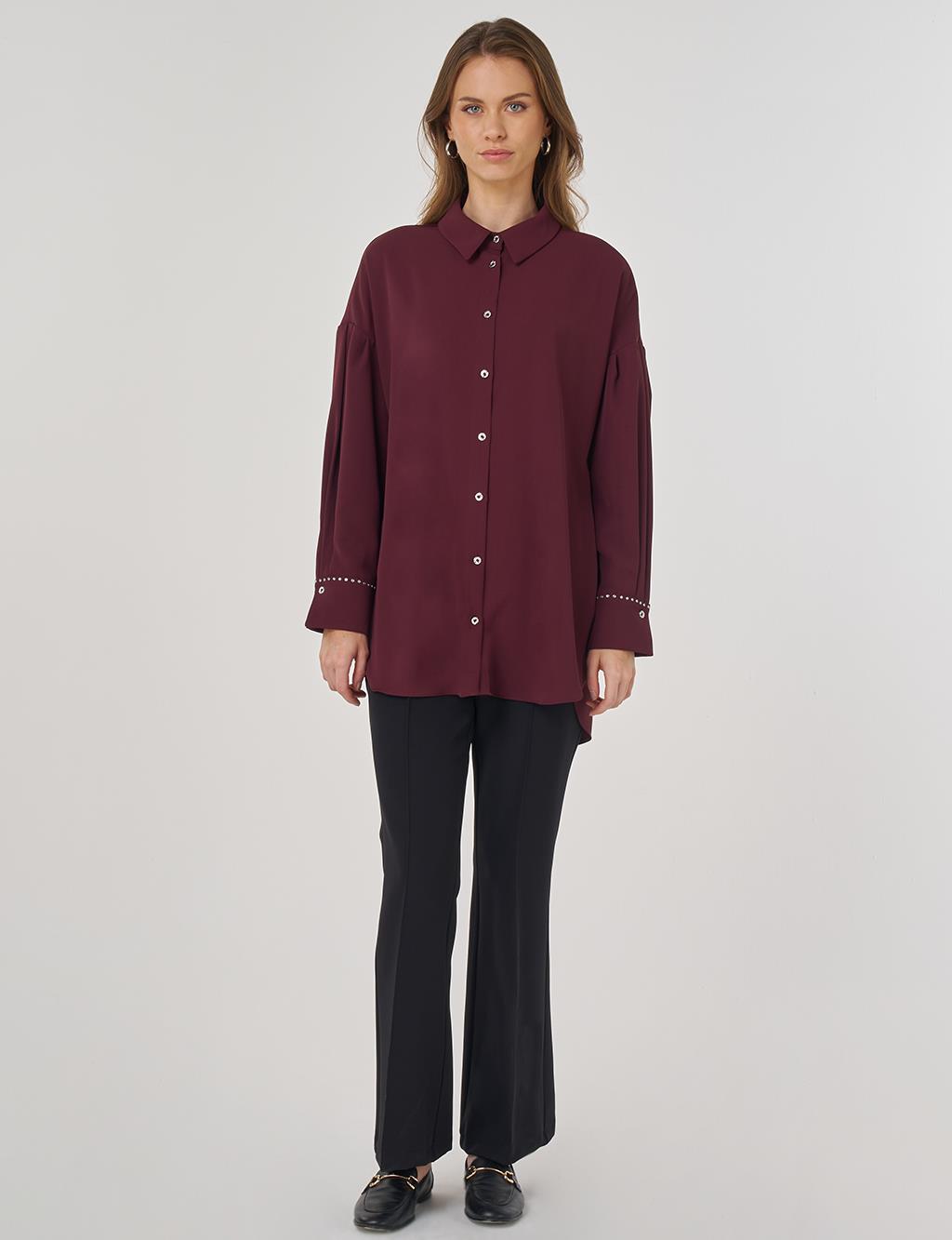 Embroidered Back Shirt Collar Tunic in Burgundy