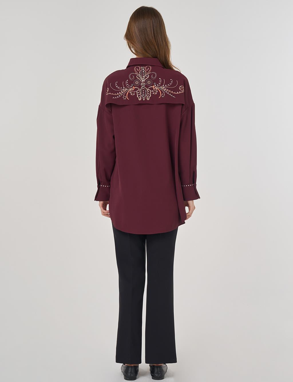 Embroidered Back Shirt Collar Tunic in Burgundy