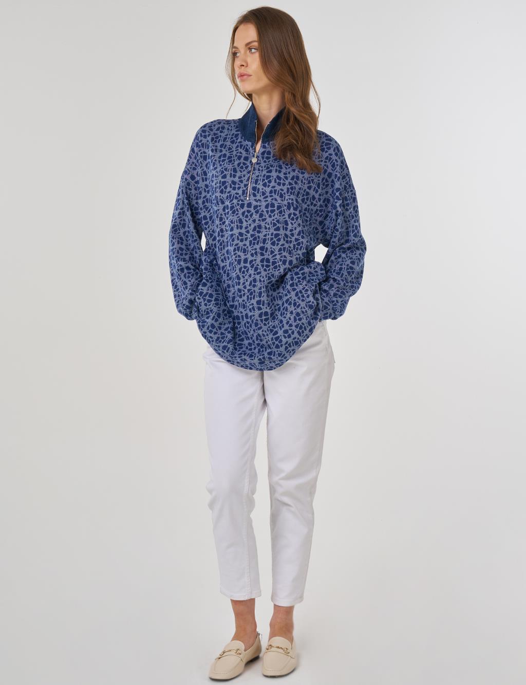 Desenli Viskon Sweatshirt İndigo 