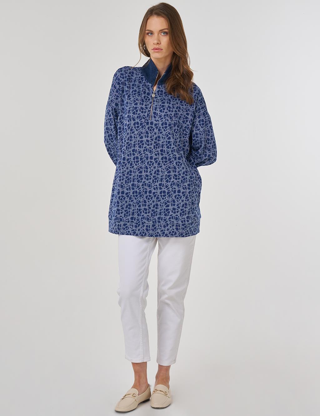 Desenli Viskon Sweatshirt İndigo 