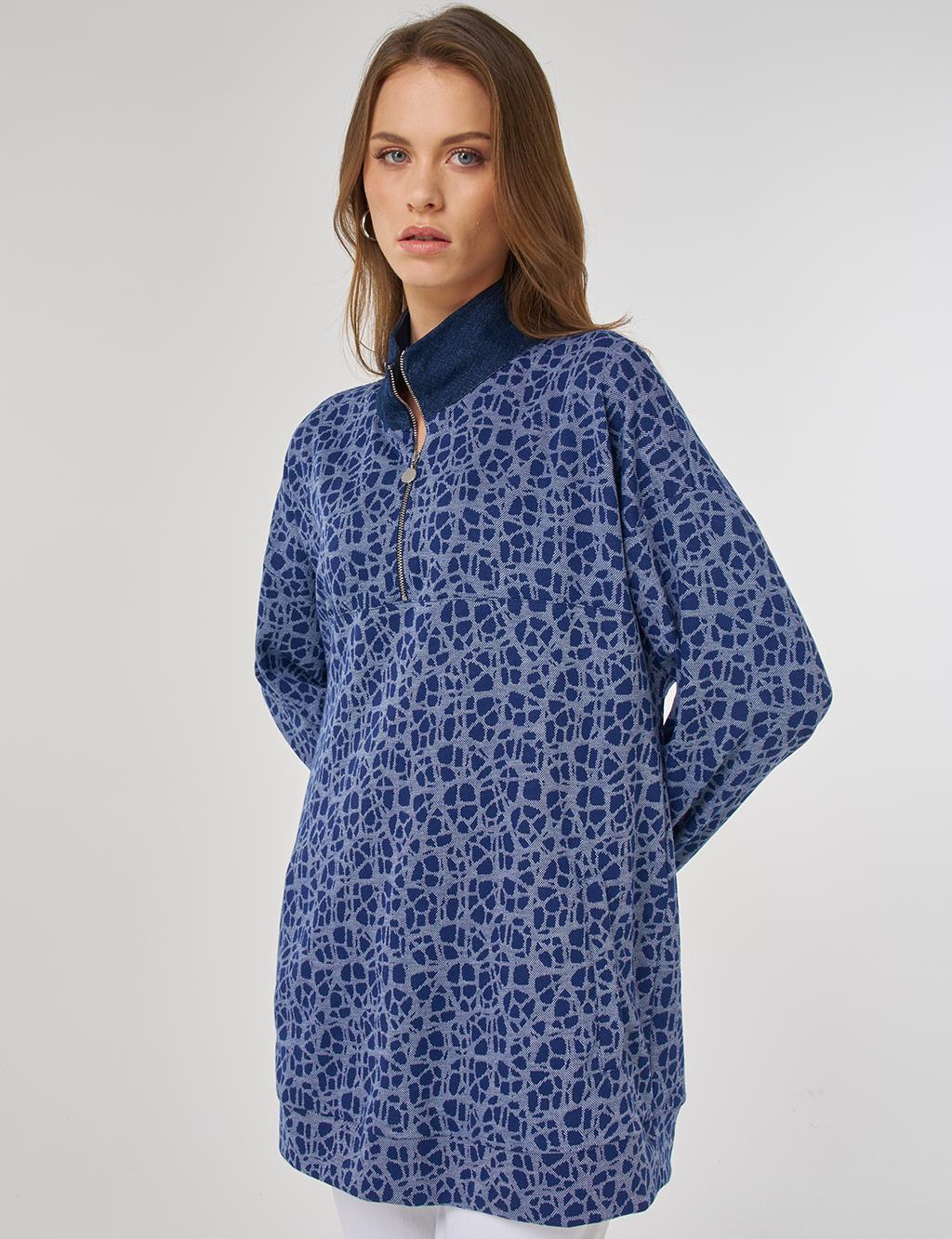 Desenli Viskon Sweatshirt İndigo 
