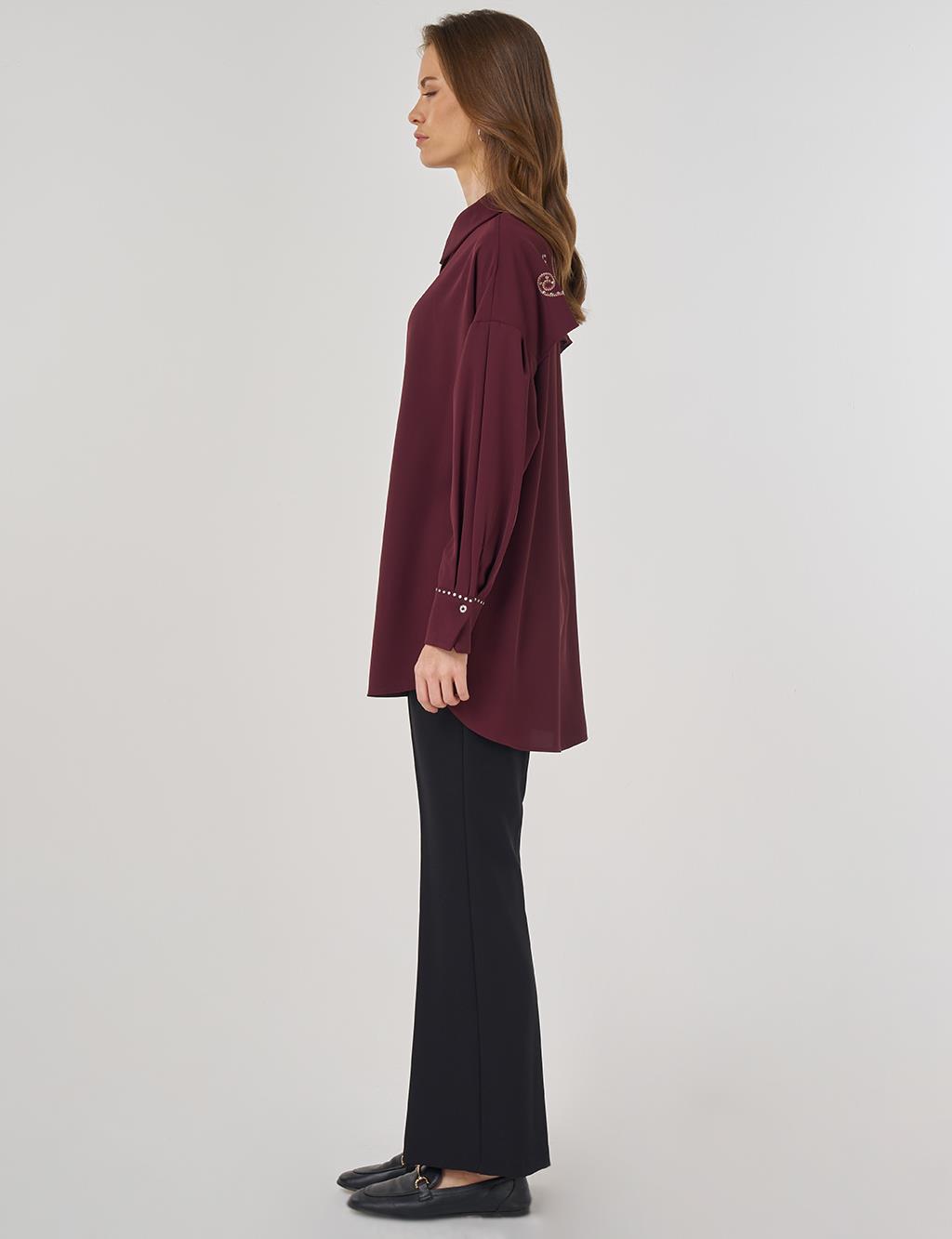 Embroidered Back Shirt Collar Tunic in Burgundy