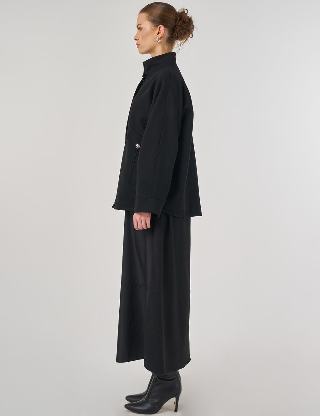 Dik Yaka Kaşe Ceket Siyah 