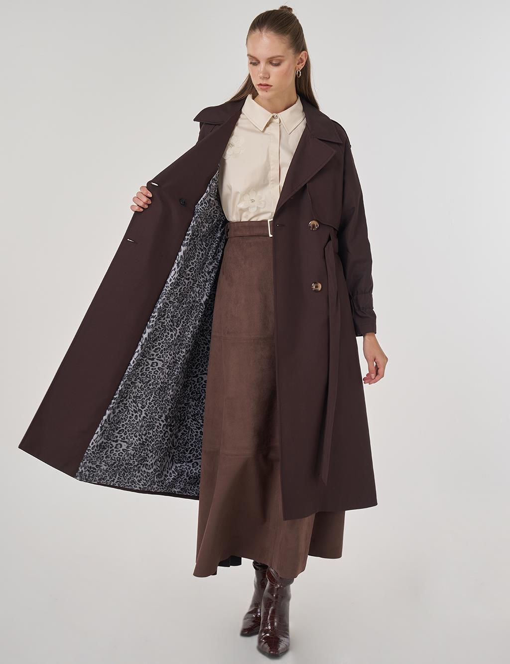 Epaulet-Detail Long Trench Coat Dark Brown