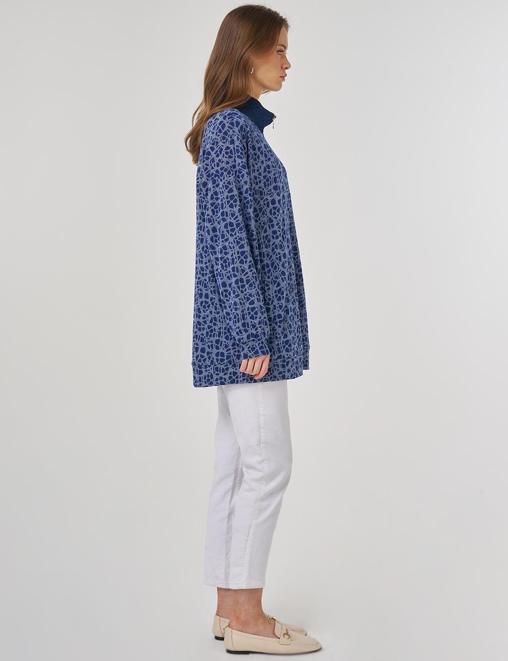 Desenli Viskon Sweatshirt İndigo 