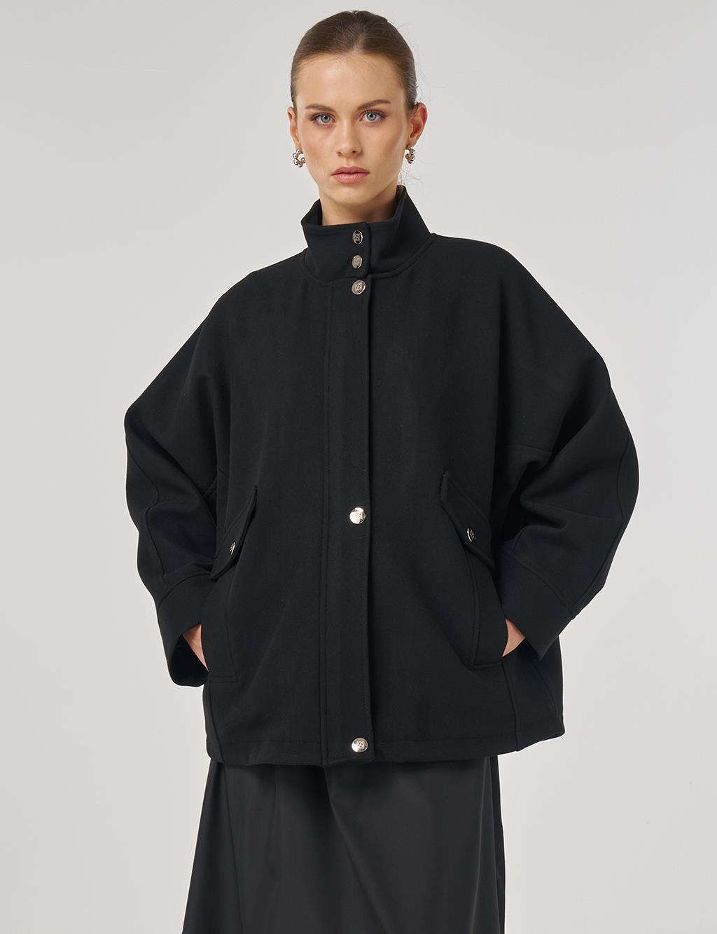 Dik Yaka Kaşe Ceket Siyah 