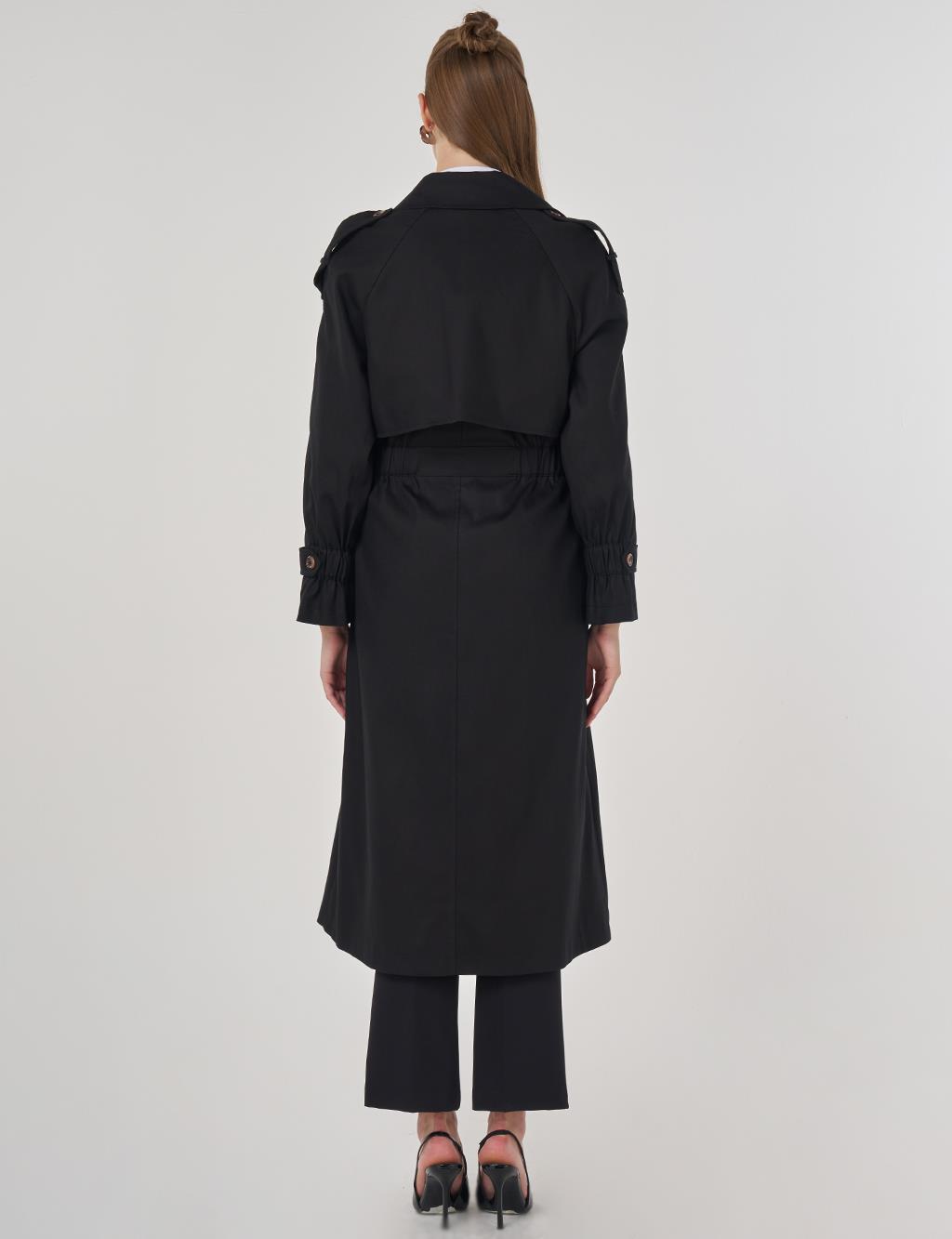 Epaulet-Detail Long Trench Coat Black