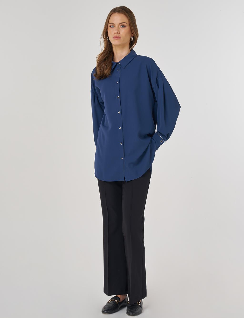 Sırtı Nakış İşlemeli Gömlek Yaka Tunik İndigo