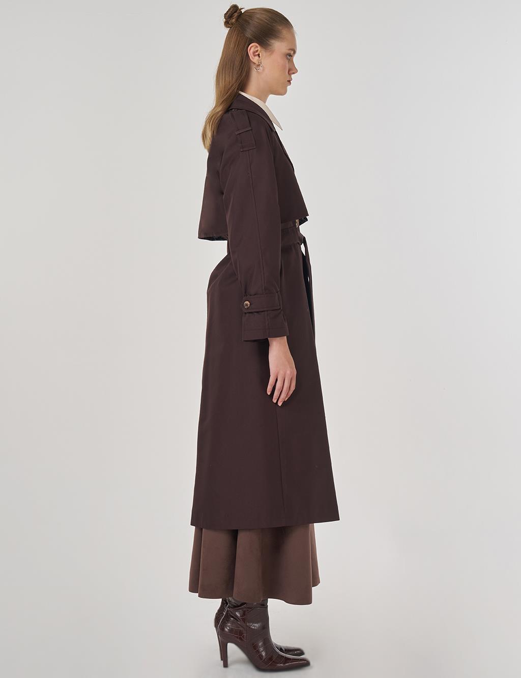 Epaulet-Detail Long Trench Coat Dark Brown