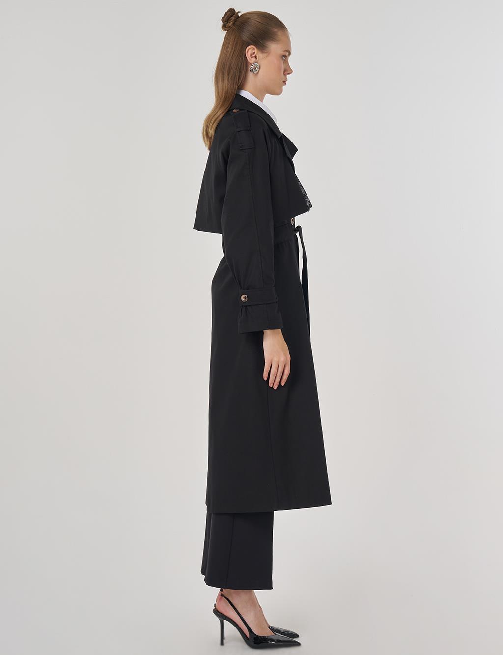 Epaulet-Detail Long Trench Coat Black