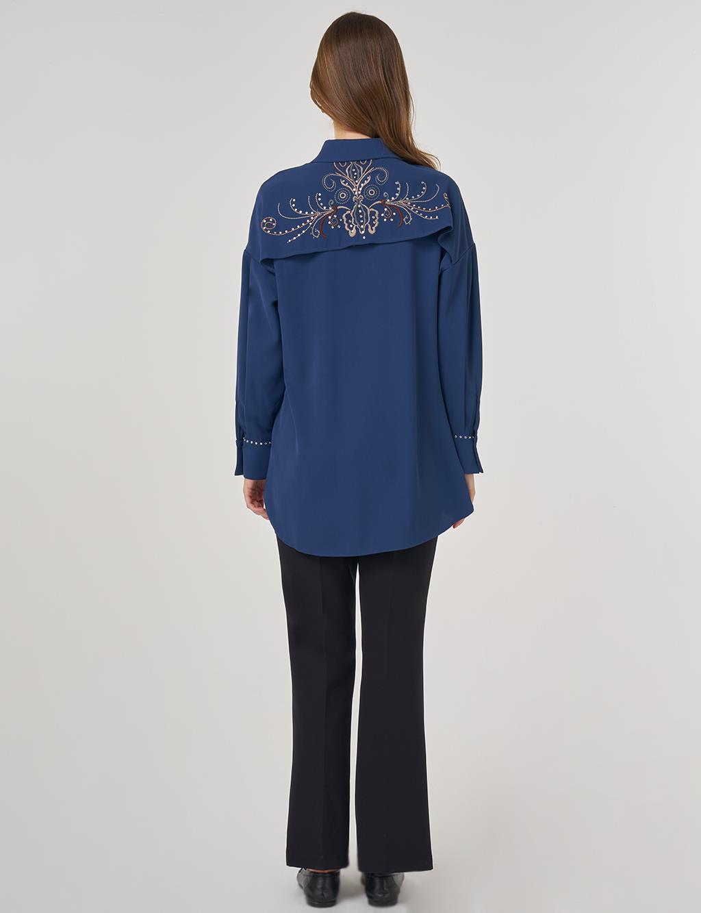 Sırtı Nakış İşlemeli Gömlek Yaka Tunik İndigo