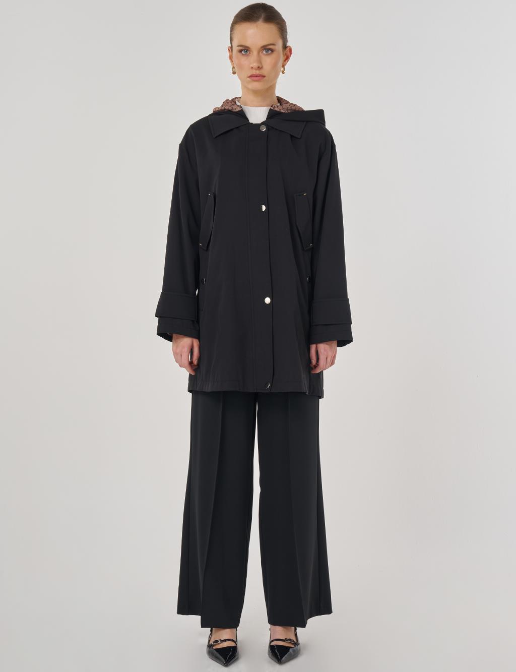 Hooded Short Trench Coat in Black