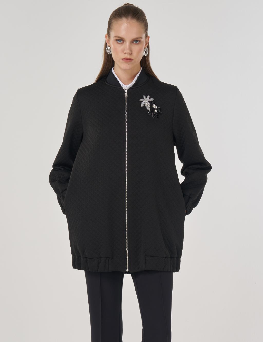 College Collar Textured Jacket Black