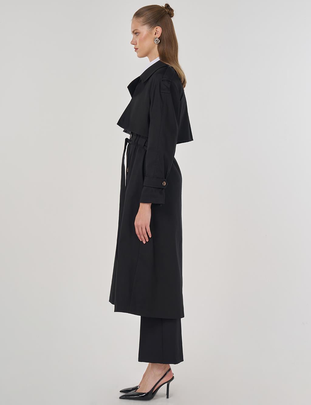 Epaulet-Detail Long Trench Coat Black
