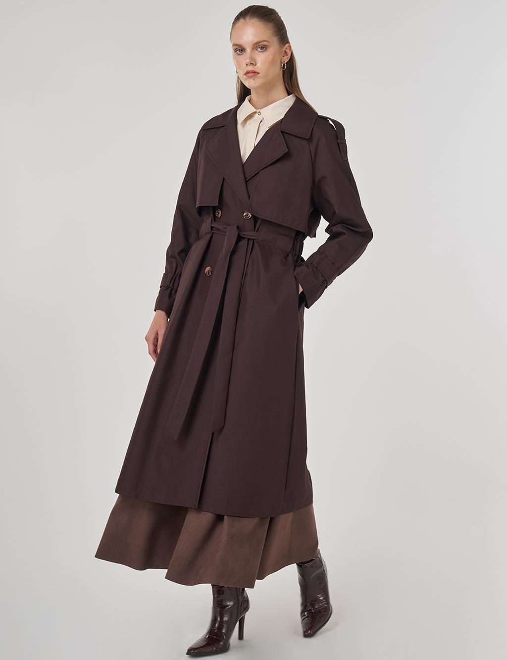 Epaulet-Detail Long Trench Coat Dark Brown