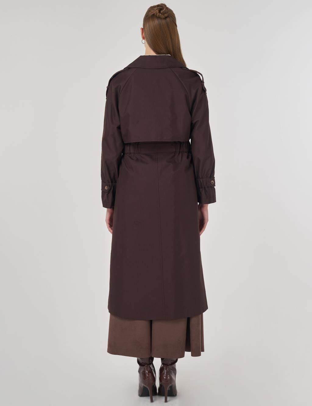 Epaulet-Detail Long Trench Coat Dark Brown