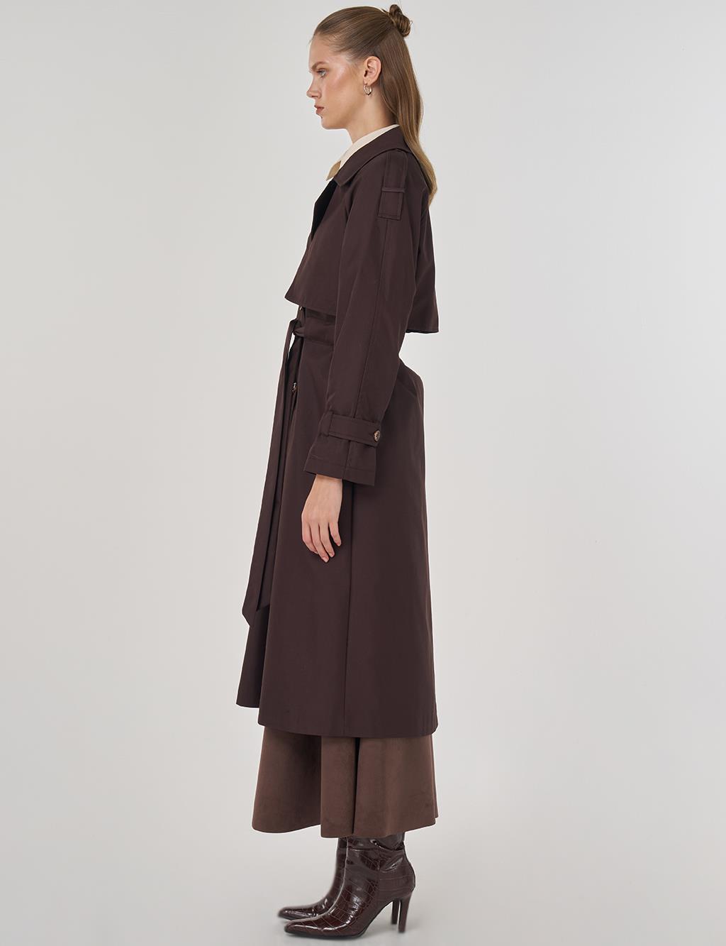 Epaulet-Detail Long Trench Coat Dark Brown