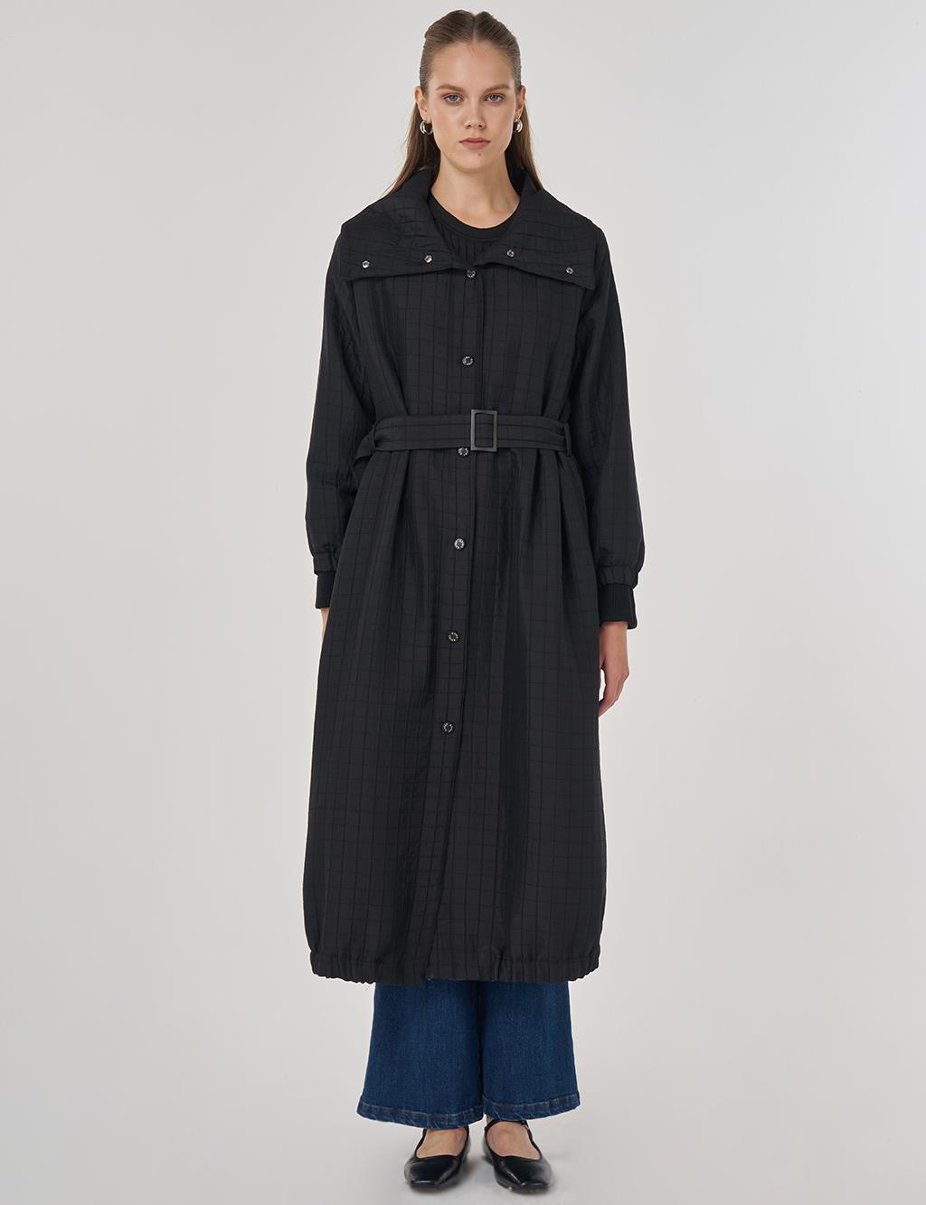 Dik Yaka Kapitoneli Trençkot Siyah