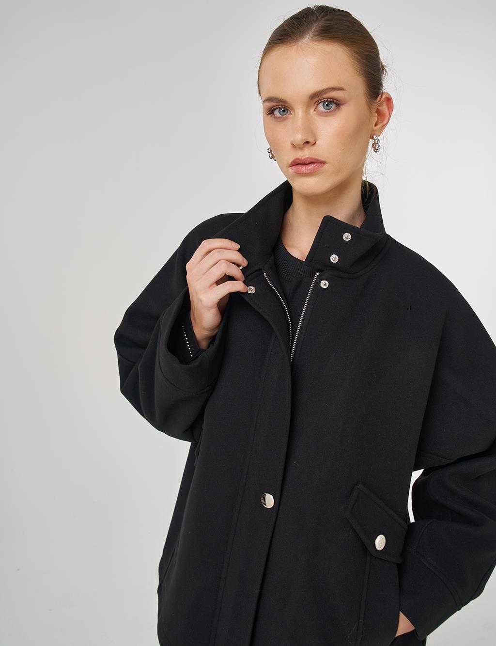 Dik Yaka Kaşe Ceket Siyah 