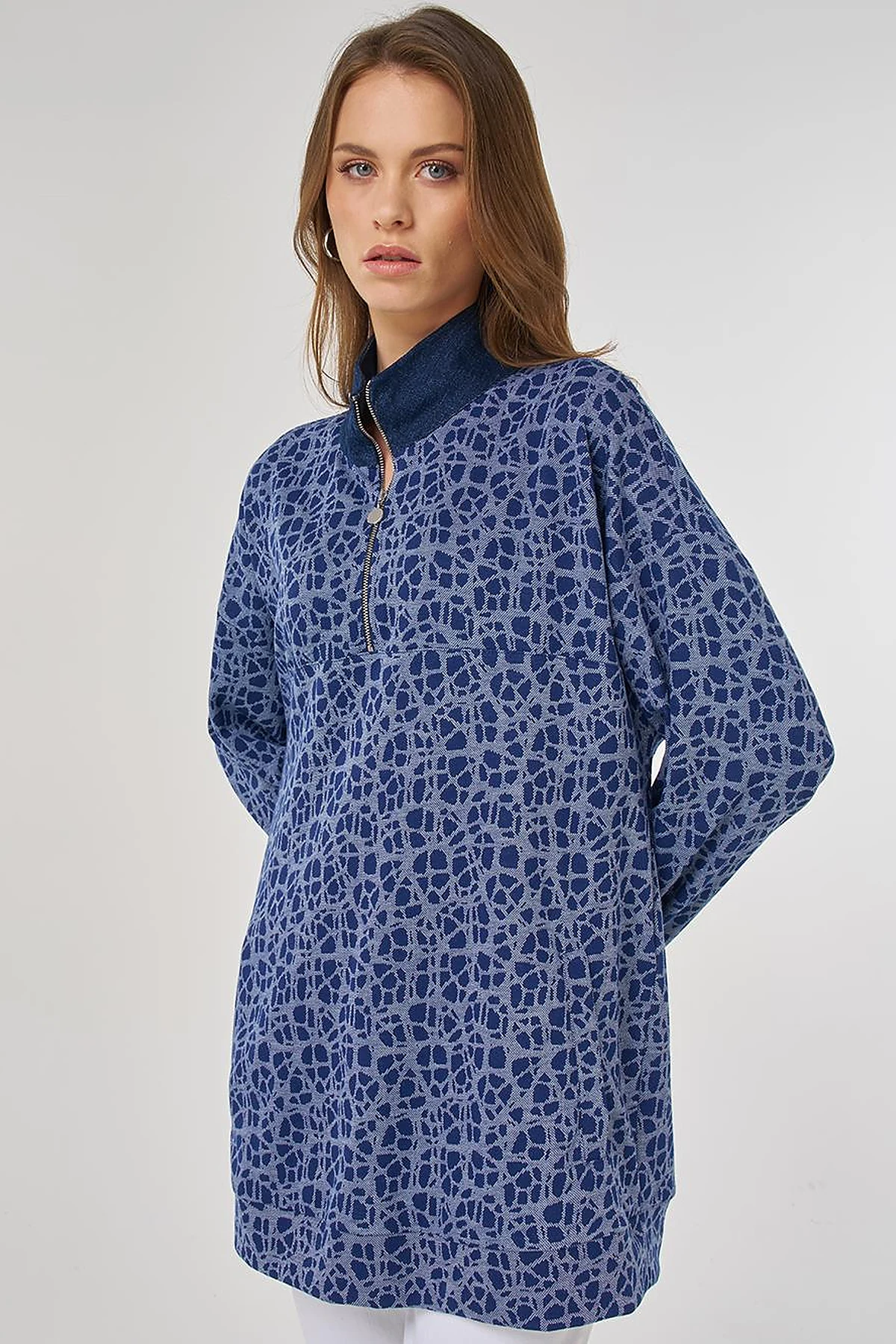 Printed Stand Collar Viscose Sweatshirt Indigo