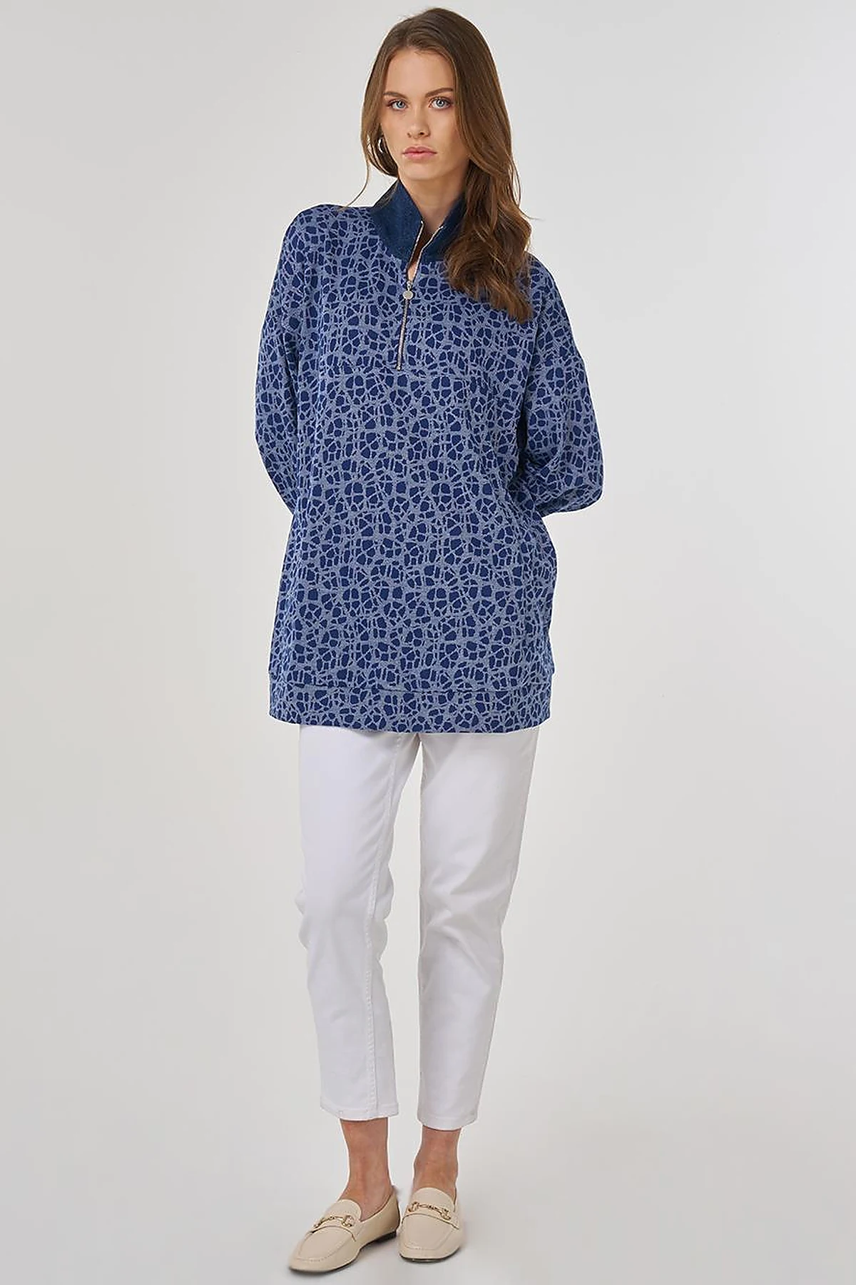 Printed Stand Collar Viscose Sweatshirt Indigo