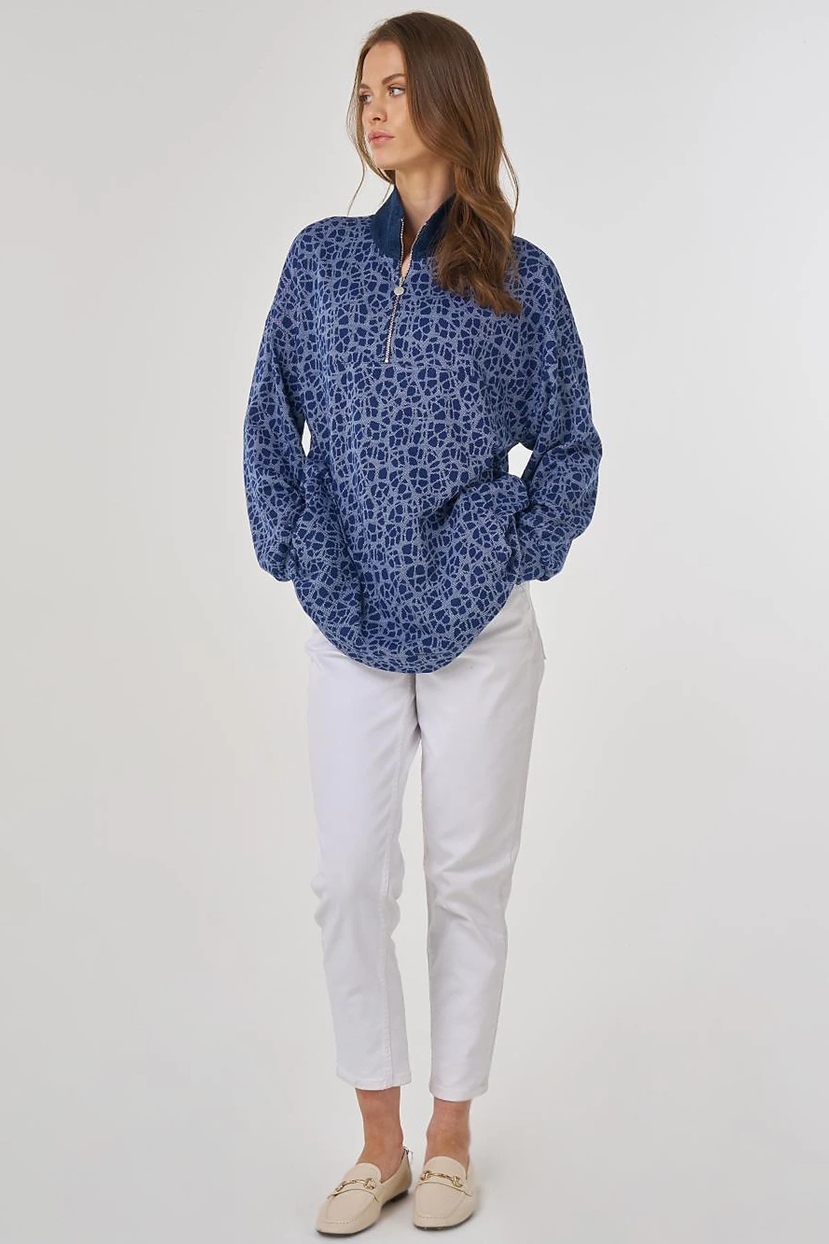 Printed Stand Collar Viscose Sweatshirt Indigo