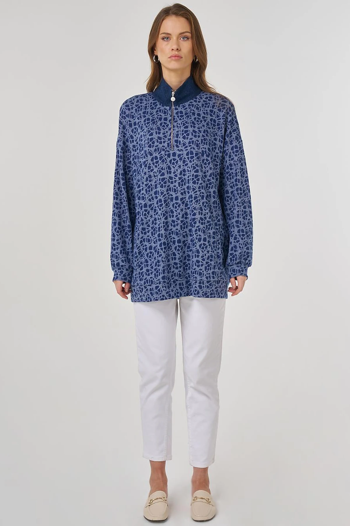 Printed Stand Collar Viscose Sweatshirt Indigo