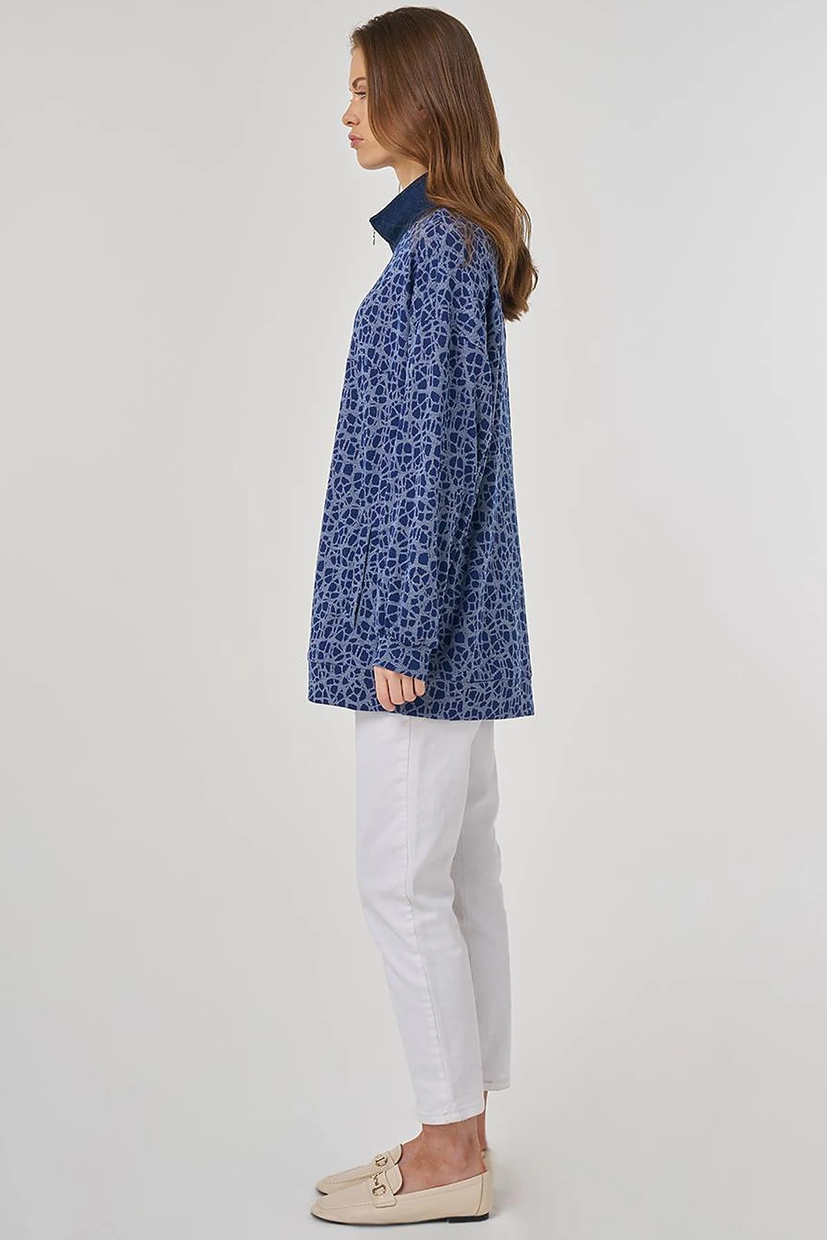 Printed Stand Collar Viscose Sweatshirt Indigo