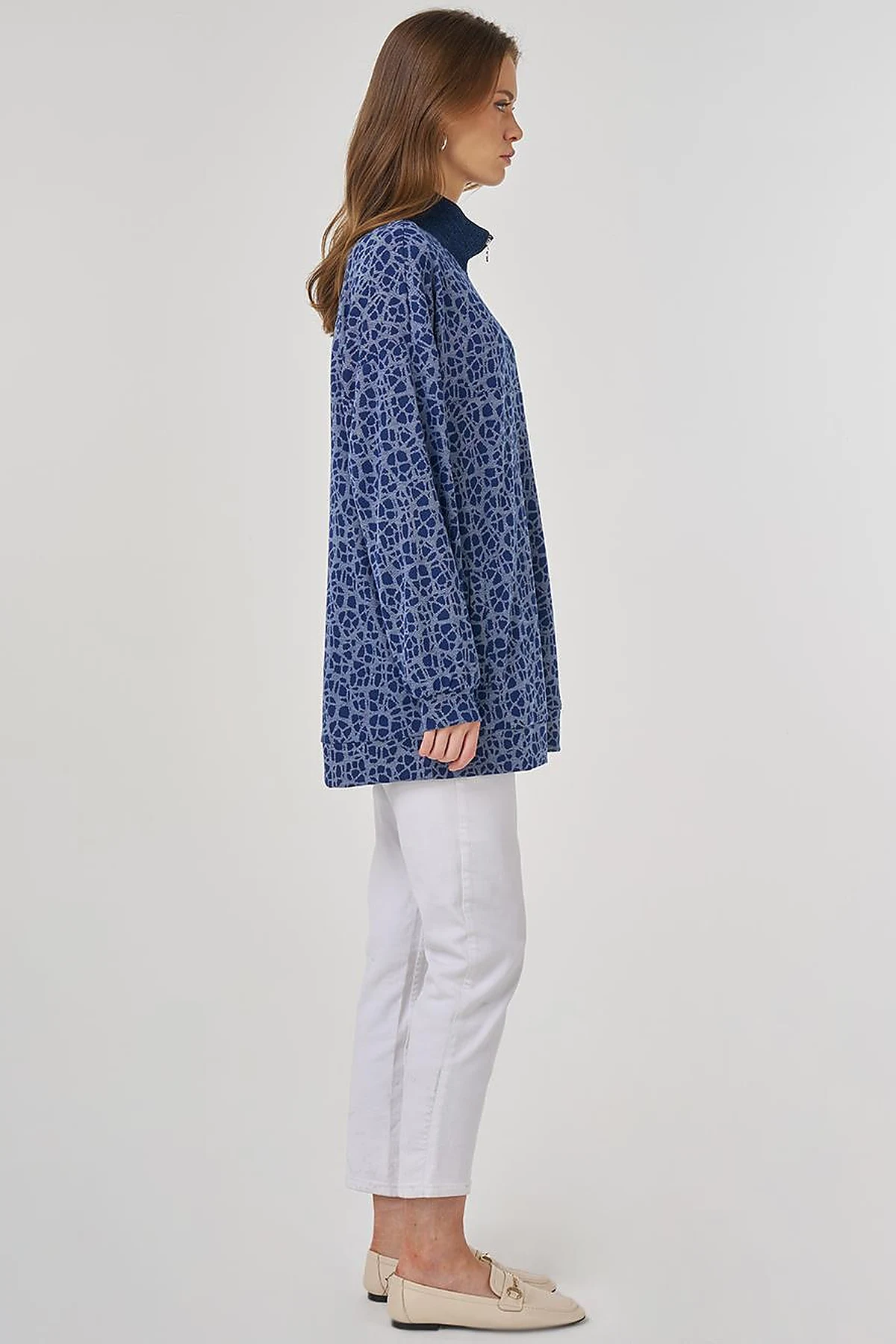 Printed Stand Collar Viscose Sweatshirt Indigo