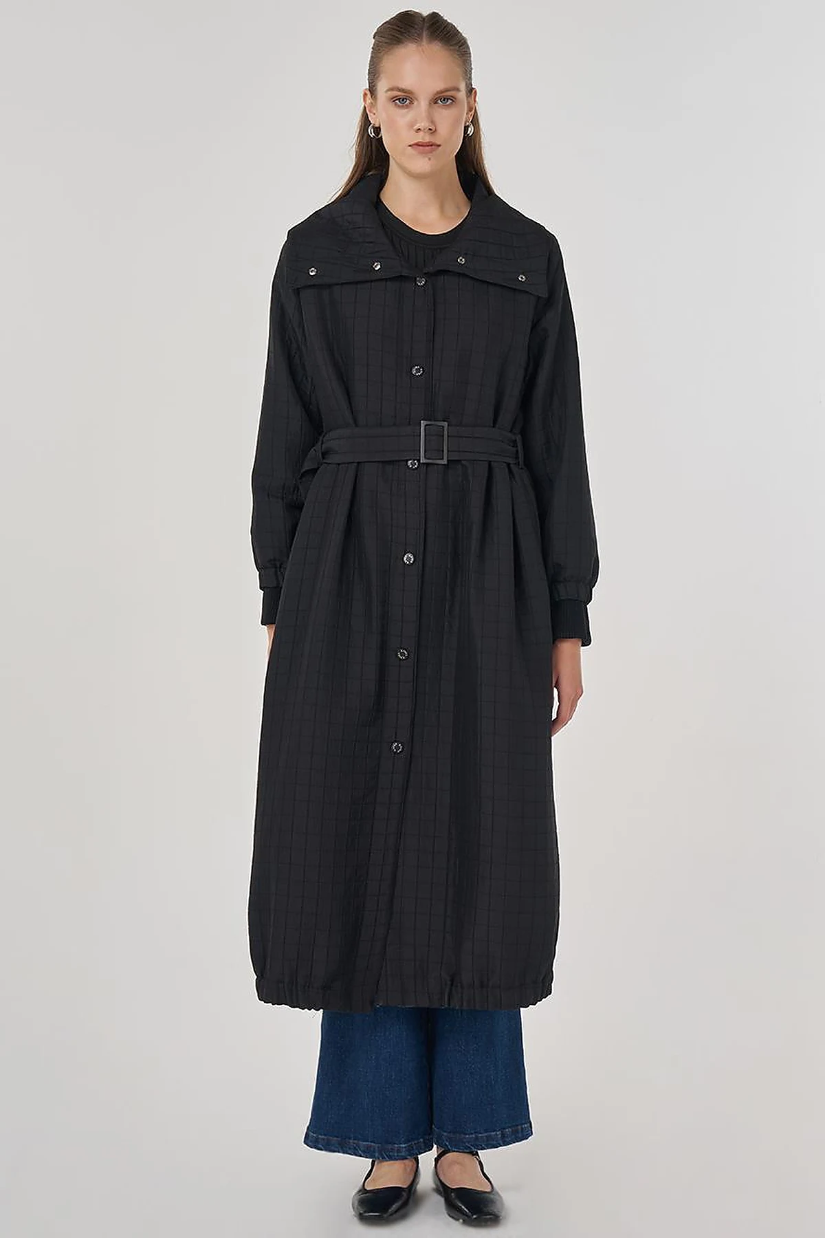 Stand-Up Collar Quilted Trench Coat Black