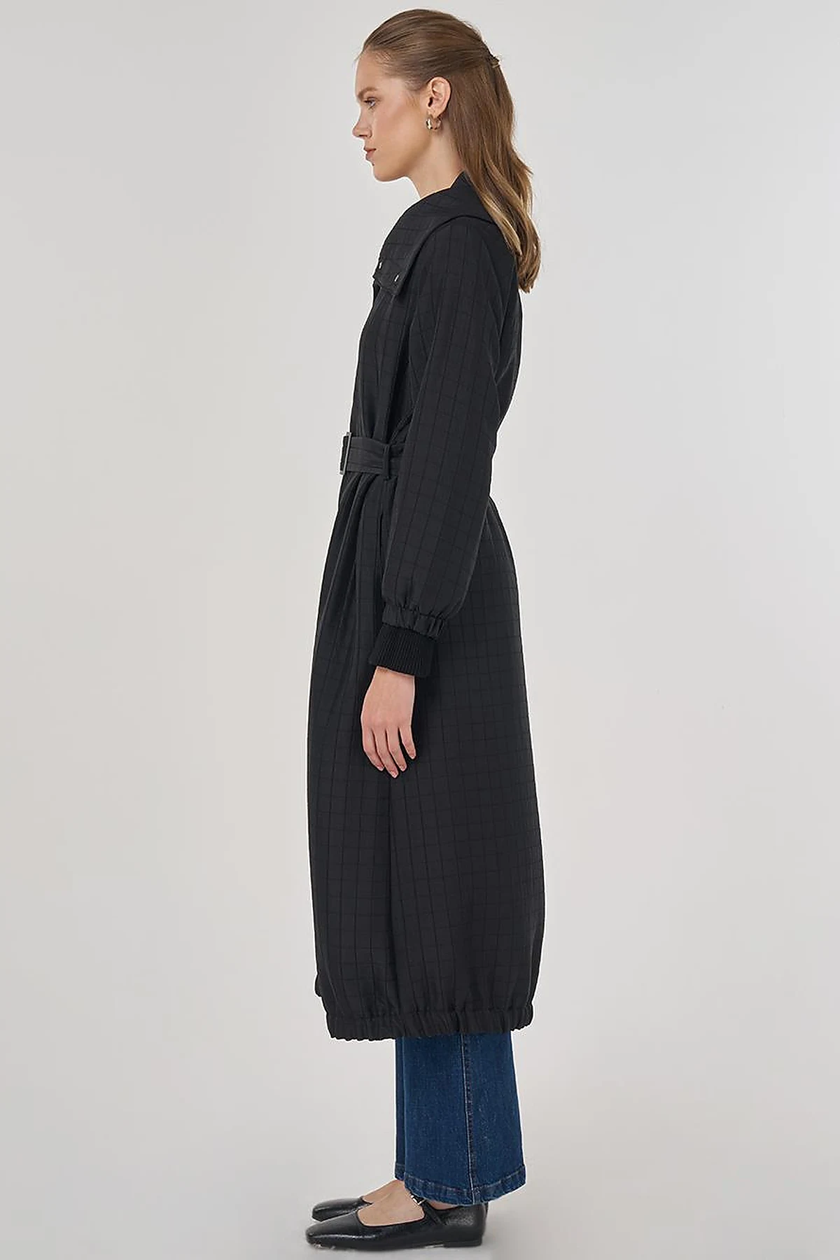 Stand-Up Collar Quilted Trench Coat Black