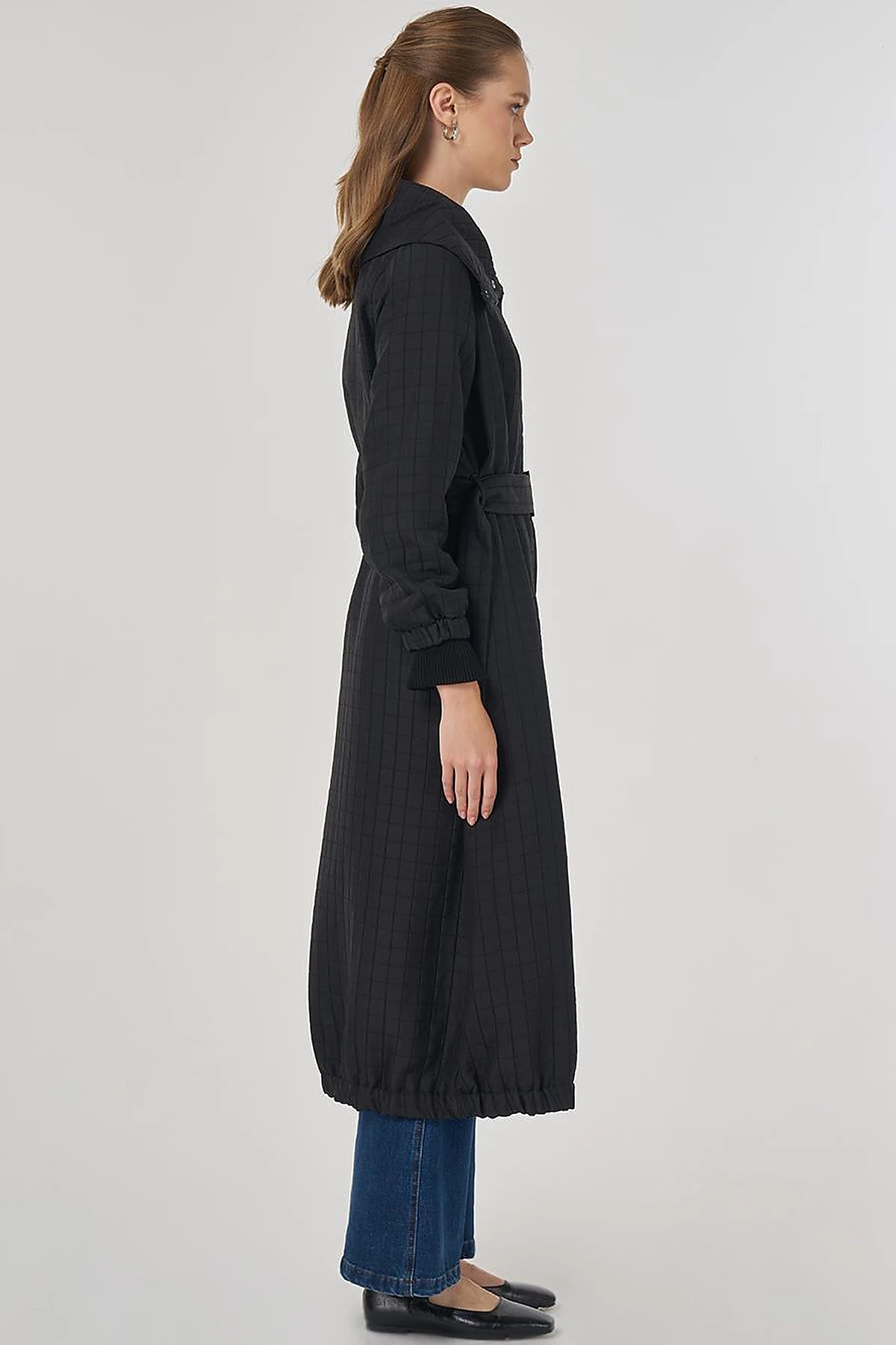 Stand-Up Collar Quilted Trench Coat Black